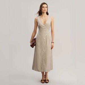 RIHOAS Khaki Striped V-Neck Sleeveless Maxi Dress S